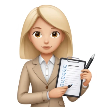 a person holding a checklist and pen, wearing smart casual clothing. The character is in a focused pose sticker