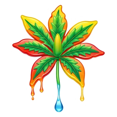 generate an emoji-style image of a juicy gummy shaped like a marijuana flower, make it colorful and with liquid dripping out sticker