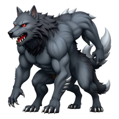cinematic-noble-fierce-werewolf-full body on all fours-emoji, poised-and-imposing, with a tall, lean, and muscular wolfish frame inspired by the brutal, imposing shape of the beast from Berserk, fur rippling in shades of midnight black and silver, massive paws with razor-sharp claws, elongated limbs and fangs, eyes glowing with an intense, primal ferocity, reflecting the untamed power of the wild moonlit night; rendered with realism like a wolf hunched over sticker