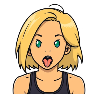 dirty blonde girl with blueish green eyes, black tank top, sticking tongue out and drooling sticker