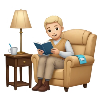 A person sits mindfully in a chair, a gratitude journal nearby, and a phone turned off. A bird chirps outside, a scented candle burns, and a small hidden gift bag peeks from under the table. A framed quote says, "Be Kind to Yourself," while they share a smile with someone. sticker