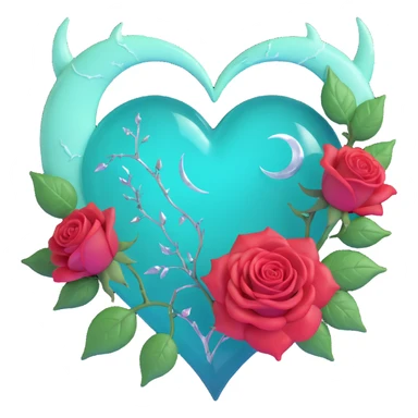 gothic heart made of teal glass, silver crescent moon, glowing mint green roses, holographic stardust, neon white lightning, drenched and splintered glass sticker