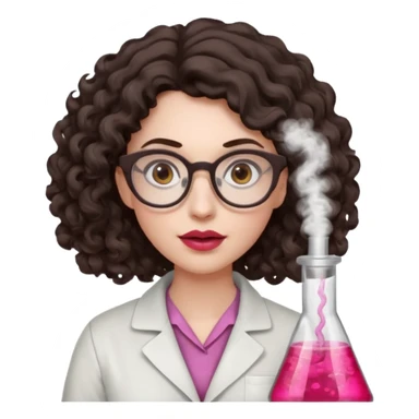 A crazy female scientist, with curly-wavy dark brown medium lenght hair, brown eyes and light grey glasses and pale skin and pinkish lips, dressed to look like an english teacher but in neutral tones like grey black white, maybe with the pop of dark red, she should look slighltly insane sticker