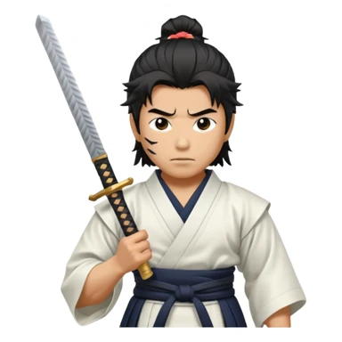 japanese samurai holding samurai sword he is wearing white kimono he has muscles and black messy hair  sticker