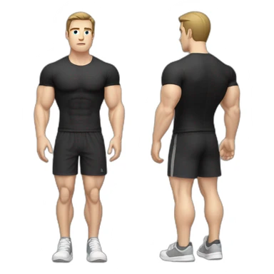 Confused Pale skinned Fit Man With the biceps and dark brown hair in black shirt, gray sports shorts and white Sneakers sticker
