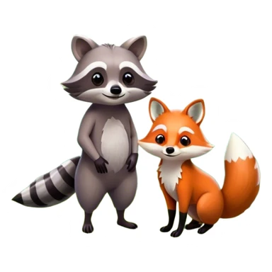 Collage of a raccoon and a fox, in close-up, set in a beautiful forest with tall trees, green bushes, and sunlight filtering through the leaves and flowers. A vibrant, wild atmosphere with a transparent background. sticker