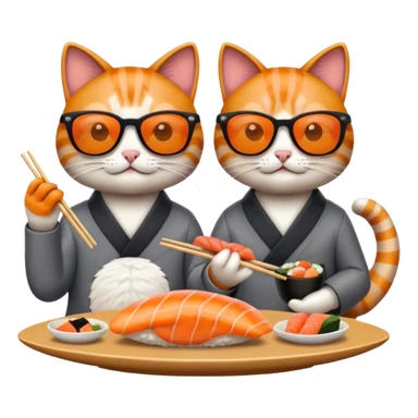 two stylish cats in sunglasses, eating sushi together, emoji style sticker
