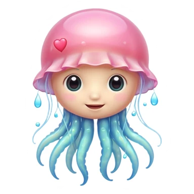 adorable jellyfish with shiny plastic look, huge sparkling eyes, tiny body, friendly smile, rosy cheeks, fine textures, soft pastel colors with bright accents, small heart accessory, detailed shading sticker