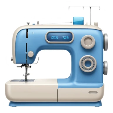 Emoji of a modern sewing machine inspired by a Brother machine. Soft, rounded shapes in the style of Apple emojis, with subtle gradients and soft shadows. White body with light gray details, a blue thread spool on top, a small digital screen and a round dial. sticker