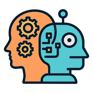 icon with two overlapping silhouettes one of a human head with gears representing strategy and the other of a robot head with digital elements representing AI showing their connection in a modern outlined style sticker