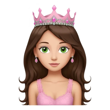 super long haired brunette with middle part cute pink lacy tank with a pink tiara on head, white but tan green eyes  sticker