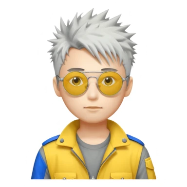 A japanese guy with white messy spiky hair circle sunglasses wearing a uniform gray and a yellow button on the top right of the uniform gray pants sticker