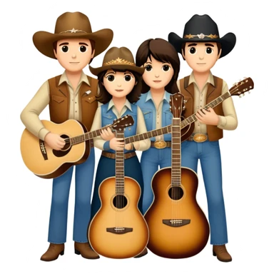 Icon for Country Music: A collage featuring Eagles as a band, Ricky Nelson, and Linda Ronstadt. Acoustic guitars, banjo, cowboy hats and a vintage Americana aesthetic evoke the spirit of classic country and country rock. Warm earthy tones. Transparent background. sticker