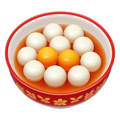 Lantern Festival tangyuan sweet rice balls in syrup with festive elements, simplified emoji style with bold outlines and bright colors, cartoon style colorful glutinous rice balls sticker