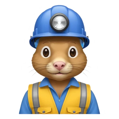 a mole rat, blue helmet, headlamp, yellow worker cloth sticker