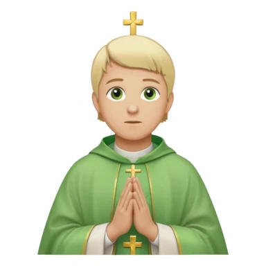a priest, green eyes, blonde hair, light green chasuble. opening arms, gazing thoughtfully. Soft light, subtle fern. Waist-up, profile. sticker