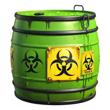 3D render of Biohazard Barrel, toxic waste aesthetic, neon green bubbling liquid, caution yellow metal, industrial warning texture, Apple emoji style, isolated on white background --v 6.0 sticker
