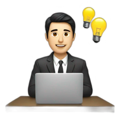 A white man with black hair working on a laptop with a lightbulb above his head sticker
