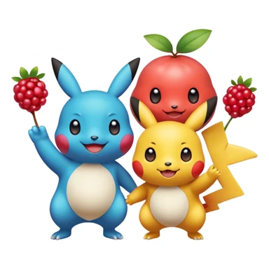 Three Pokémon characters showing kindness and teamwork. One Pokémon is handing a berry to another, while the third Pokémon is cheering and clapping happily. They look joyful and friendly, standing close together in a bright, colorful cartoon scene. The style is cute, playful, and emoji-like. sticker