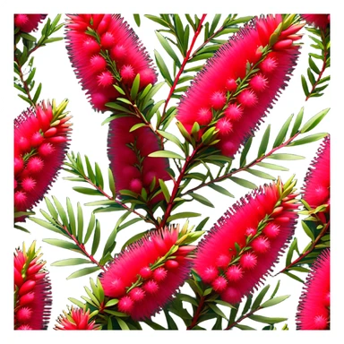 Cinematic Realistic Callistemon Emoji, Vibrant and striking, with spiky red flowers resembling a bottlebrush. The slender leaves create a fine backdrop to the bold blooms, while the plant exudes energy and vitality. Soft glowing outline, capturing the essence of strength, color, and natural beauty in a brilliant callistemon tree! sticker