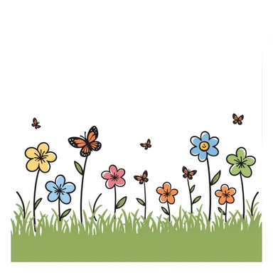spring theme with blooming flowers, green grass, butterflies, and sunshine in pastel colors dd9fb0, ffc6d3, a3bfc9, c4bee2, f1b091, detailed hand-drawn doodle style sticker