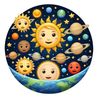 landscape image of the sun as a king, surrounded by the moon, Mercury, Venus, Earth, Mars, Jupiter, Saturn, Uranus, and Neptune, all floating in space, each planet with a cute expressive face, in emoji style sticker