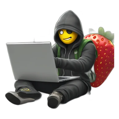 a guy with a strawberry head wearing a thief's outfit, he's in front of a laptop with a mask over his eyes and a thief's cap, on his back he has a yellow thug bag with a dollard sign on it. sticker