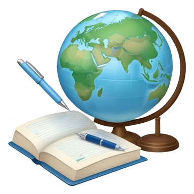 Create an emoji representing language translation. The design should feature just one globe in the background, symbolizing international communication. In front of the globe, place two books or sheets of paper with texs on them and a pen nearby to indicate the act of writing. Use a clean and professional color palette with blues, greens, and neutral tones. Make the background transparent. sticker