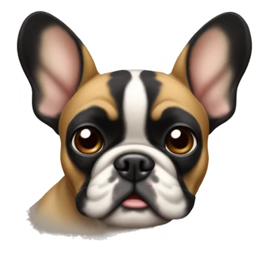 A small, black-and-tan French bulldog with a mostly black face and tan paws, tilting its head slightly with wide, puzzled eyes and a slightly furrowed brow, perhaps with a small question mark near its head sticker