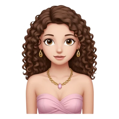 crée moi une jeune fille très belle avec les cheveux bouclés long brune avec un top  sans manche ni brettelles juste un 'bandeau' de couleur rose clair avec un peu de maquillage et des beauxcils un collier en or sticker