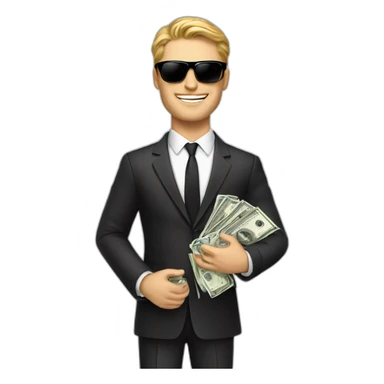white handsome man with lot of dollars in hands wearing elegance suit and black shades sticker