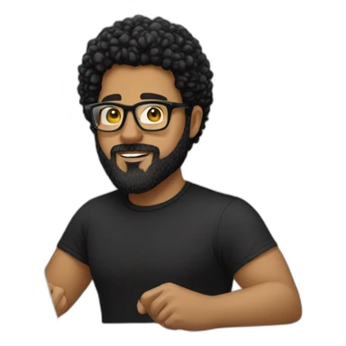 men with black curly hair and beard and golden glasses in black t-shirt work hard on computer sticker