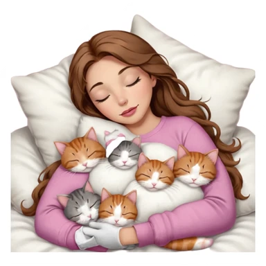 girl with long wavy brown hair, brown eyes, long lashes makeup, sexy pink lips, light to medium complexion,  sleeping on a cozy pillow, with 6 cats: 1 brown and white tabby cat, 1 ginger and white, 2 grey and white, 1 grey with white mittens and small white patch on chest and 1 calico, sleeping sticker
