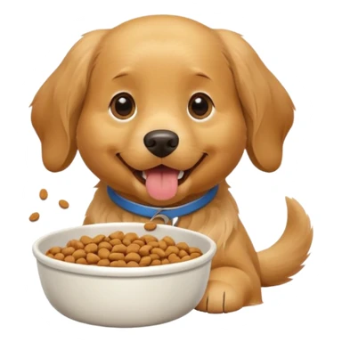 dog with dog food in bowl in front of him, happy expression sticker