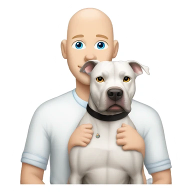 white bald man with blue eyes hugging large dark grey pit bull sticker