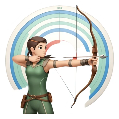 An archer drawing a bow and aiming an arrow at a target, with perfect focus and precision. The target is visible in the background, featuring concentric rings. The scene captures the concentration and skill involved in archery, emphasizing the elegance and accuracy of the sport. sticker