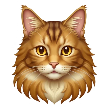 Cinematic Maine Coon Cat Portrait Emoji, Elegant and alert, sleek brown, gold, and cream tones, Simplified yet sharp features, highly detailed, glowing with a warm, confident glow, high shine, intelligent and poised, stylized with an air of grace, focused and attentive, soft glowing outline, capturing the essence of strength and grace, so lifelike it feels as though it could spring into motion with its majestic tail swishing at any moment! sticker