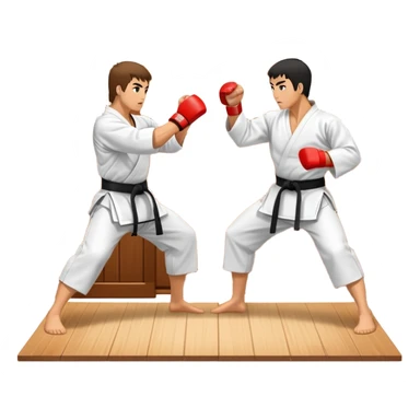 An icon representing traditional Karate, featuring two opponents in a martial arts dojo. One is performing a powerful punch, while the other defends with a block. The background showcases a classic dojo setting with wooden floors and sliding doors. Transparent background sticker