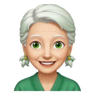 abuela con ojos verdes, pelo blanco, pelo blanco y amarrado, aspecto feliz, pelo blanco, no verde, solo verde los ojos sticker