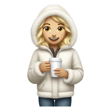 blonde girl wearing white fluffy jacket and a coffee to go in hand sticker