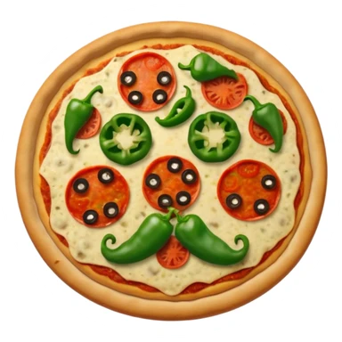 Complete Pizza with two red pepperoni eyes, a mushroom nose, and a mouth, mustache, and eyebrows made out of green peppers sticker