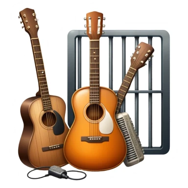 Icon for Chanson Music: A microphone with a whiskey bottle and a guitar, representing Russian chanson, surrounded by symbolic elements like prison bars, traditional acoustic instruments, and urban vibes. Transparent background. sticker