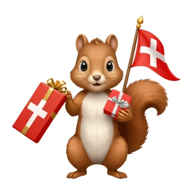a squirrel holding a red gift box in one hand and a Swiss flag in the other, both objects clearly visible, simple white background sticker
