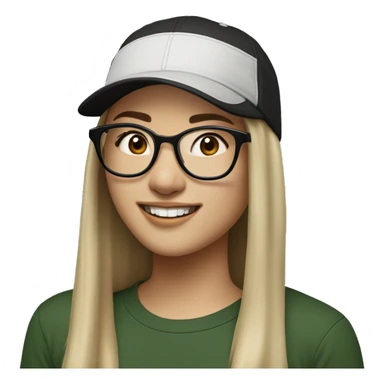 Hyper realistic, look from side, asian adult woman, light white skin, smiling with teeth, black eyes, spotted frame glasses, long light brown straight hair, black T-shirt, dark green cap. sticker