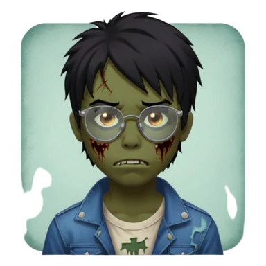 Boy, zombie, black hair, medium long, emo, shaggy, dark, spooky, creepy expression emoji, add transparent glasses, a risk on the eyebrow, some tattos sticker