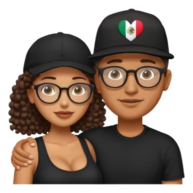 A picture of an embracing tanned couple. the man is a Mexican man with tanned skin, with a bald hair cut wearing a SnapBack hat and a black shirt. the woman is mixed, with long curly dark brown hair and with big boobs and eyeglasses  sticker
