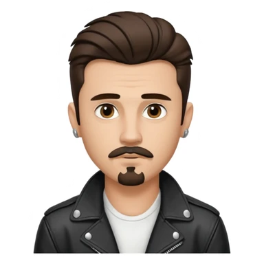 generate emoji style guy with slick James dean hair with front tendrils, mustache and goatee facial hair, wearing a white shirt and a black leather jacket , several silver piercings in ear, with dark brown hair and make eyes more almond shaped inspired by the image I shared sticker