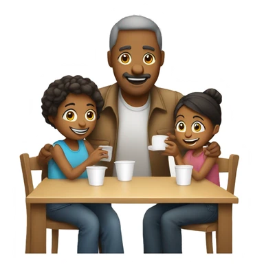 An emoji of a family—mother, father, and child—sitting at a table, playing a cup game with paper cups arranged on the table as they have fun together sticker