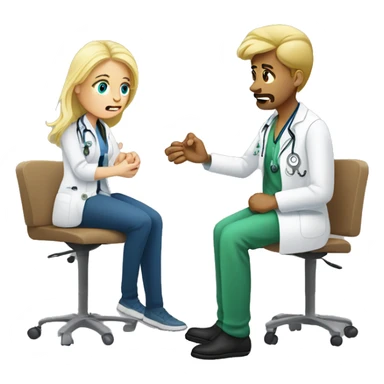 Scared white masculine male patient with a blonde female doctor examining his foot sticker