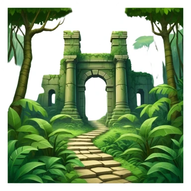 Icon for Adventure Movie: A vintage movie poster-style design with a jungle clearing path, dense foliage surrounding it. In the distance, ancient ruins peek through the trees. The atmosphere is mysterious and adventurous, with soft light cutting through the trees. Transparent background. sticker